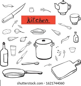 A set of items on the theme kitchen, cooking. Dishes, Cutlery, knives, cutting Board, bottles, vegetables and seasonings on a white background.