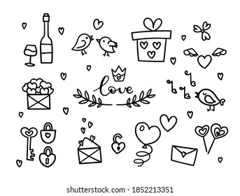 A set of items on the theme of love. Black linear outline. Illustration for Valentine's day in vector. Envelopes with hearts, keys and locks, birds in Doodle style