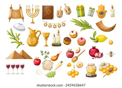 
A set of items on the theme of religious holidays of Israel. Freehand drawing, isolated on white background, clipart. Vector illustration.