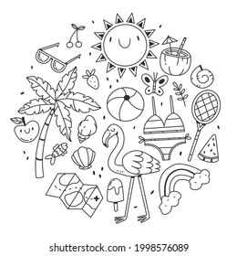 Set of items on the theme of summer and the beach in the shape of a circle in a cute cartoon doodle style. Vector black and white illustration isolated on white background.