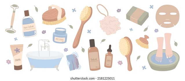 Set of items on the topic of body care, hygiene, skin care and spa treatments.