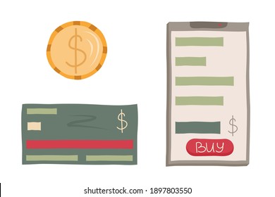 Un conjunto de artículos para compras online y cashback en un estilo plano, orgánico, con una línea libre aislada en un fondo blanco. Teléfono móvil, tarjeta de crédito y moneda en dólares para ilustraciones de compras.