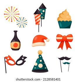 Set of items in party celebration with balloon, party hat, flag, beverage in cartoon Graphic design for banner, sticker advertising party theme Vector illustration