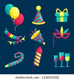 Set of items in party celebration with balloon, party hat, flag, beverage in cartoon Graphic design for banner, sticker advertising party theme Vector illustration