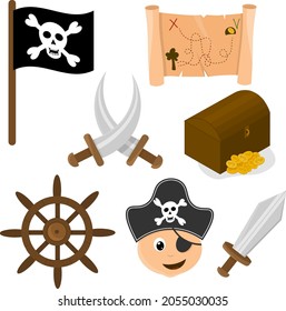 Set of items for the pirate: flag, blades, chest of gold, map, pirate hat, steering wheel