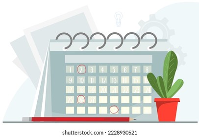 Set of items for planning work, calendar with marked dates of the day, schedule, appointment concept, business planning or management concept, flat vector illustration