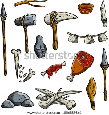 Set of items of primitive man and hunter. Weapons of caveman. Stone age hammer, axe and club, spear and animal bone. Lifestyle and tool. Cartoon illustration