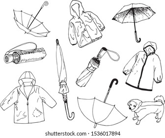 Set of items for rainy day: umbrellas and raincoats. Vector pen sketches isolated on white. Hand drawn doodles.