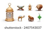 Set of items for Ramadan. 3D Koran on book stand, metal kettle, bedug drum, Arabic lantern, camel, cannon, ketupat. Isolated color illustration for Islamic holiday