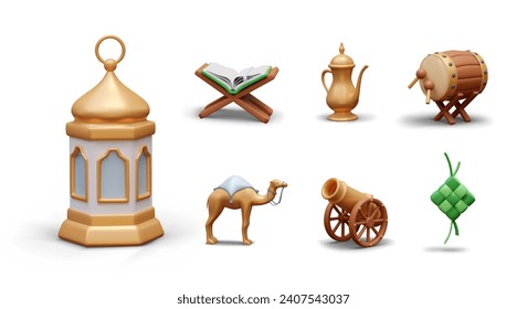Set of items for Ramadan. 3D Koran on book stand, metal kettle, bedug drum, Arabic lantern, camel, cannon, ketupat. Isolated color illustration for Islamic holiday