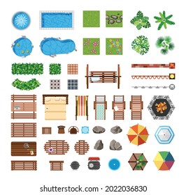 Set of items for recreation on the personal plot. Vector objects for furnishing the yard. View from above.