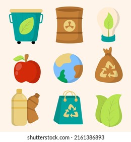 Set of items from recycle product for environmental conservation, isolated object drawing on background, vector illustration