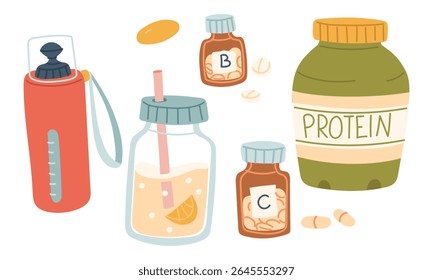 set of items related to a healthy lifestyle. bottle of water, lemonade drink, protein, vitamins for health. flat color illustration. For posters, menus, clothing, and blogs, fitness, sporty lifestyle