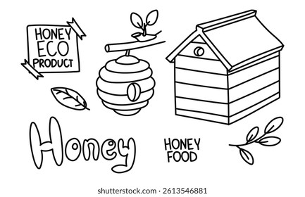 A set of items related to honey production. a house with a roof, a beehive, a branch, a leaf with an inscription on a white background. Home-made honey production. Inscription, objects for taste