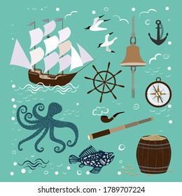 Set of items related to the sea. Marine collection with ship, octopus, compass and seagulls.