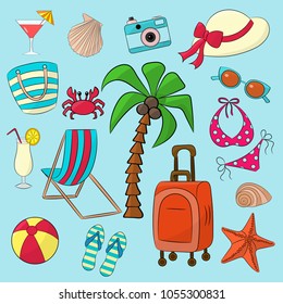 Set of items to relax at the sea: travel suitcase, beach slippers, swimsuit, sunglasses, hat, camera, seashells, starfish, crab, ball, cocktail on a blue background