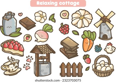 Set of items of relaxing cottage holidays - Bundle of cute Illustrations for kids books, gift card, stickers - Kawaii style