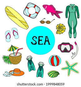 A set of items for the rest of the sea. Bright vector illustration on a white background.