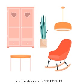 A set of items for the room on a white background. Armchair, cabinet, table, plant, lamp in retro style. Vector flat illustration