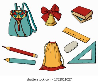 set of items for the school. Backpack, bag, books, rulers, pencils, bell, eraser. White background, isolator. Stock illustration.