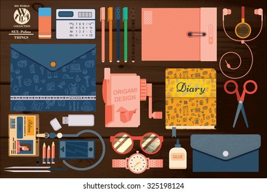 set of items for the school on the wooden table