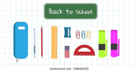 A set of items for school, school stationery, flat vector illustration