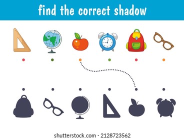A set of items for school and study, a globe, an alarm clock, a book, a briefcase. Find the correct shadow. Educational game for children. Cartoon vector illustration.