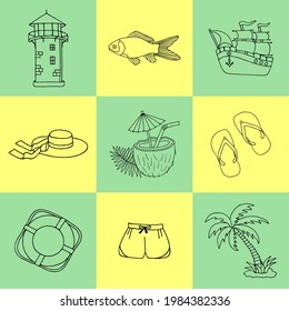 A set of items for a seaside holiday. Vector drawing on isolated squares.