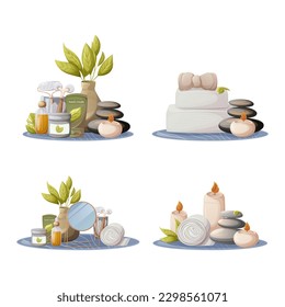 Set of items for self-care, face and body skin care. Candles, spa stones, towel, mirror, cream, oil serum, gua sha tools, headband. For massage, relaxation. Health and beauty. Vector illustration