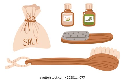 Conjunto de artículos para el cuidado personal. Paño con asas, piedra pómez, aceites esenciales, sal. Producto de higiene personal. ilustración plana, resaltada en blanco, para publicidad, catálogo de la tienda, decorativo