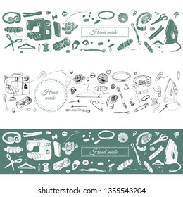 Set of  items for sewing. Hand drawn sketch of different elements on turquoise and white background. Horizontal template for banner.Vector illustration.