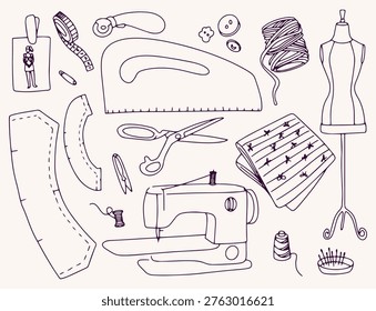 A set of items for sewing and needlework drawn in line art style.