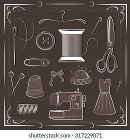 Set of items for sewing on dark background. Set items for sewing.