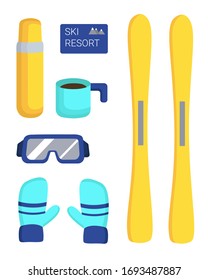 Set of items for skiing. Skiing,ski mask, thermos, mug, mittens.Ski resort.Vector set.