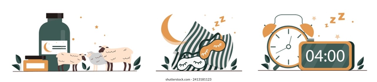 Set of items for sleep. Dream, rest and relax, recuperation. Pills with melatonin and mask, alarm and clock. Woolen sheeps. Cartoon flat vector collection isolated on white background