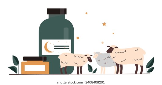 Set of items for sleep. Medicines od melatonin in glass jar with woolen ship. Dream, rest and relax, recuperation. Poster or banner. Cartoon flat vector collection isolated on white background