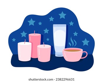 Set of items for sleep. Rest and relax, recuperation. Comfort and coziness in bedroom. Candles, cream in package and cup of tea. Cartoon flat vector collection isolated on white background