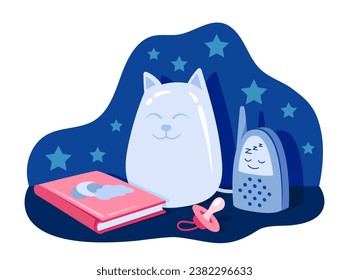 Set of items for sleep. Rest and relax, recuperation. Comfort and coziness in bedroom. Red book, walkie talkie and cat lamp. Cartoon flat vector collection isolated on white background
