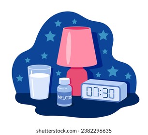 Conjunto de elementos para dormir. Descansa y relájate, recuperándote. Confort y comodidad en la habitación. Pillas con melatonina, vaso de agua. Colección vectorial plana de dibujos animados aislada en fondo blanco