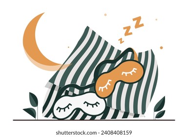 Conjunto de elementos para dormir. Mascarillas durmientes con almohada rayada. Soñar, descansar y relajarse, recuperarse. Elemento gráfico para el sitio web. Colección vectorial plana de dibujos animados aislada en fondo blanco