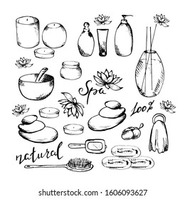 Set items for the spa. Aroma lamp. Composition of stones. Tube. Bottle. Cream. Lotus. Candles Towel. Comb. Mirror. Sketch. The concept of personal care. Relaxation