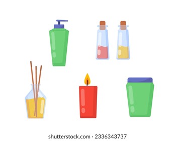 Set of items for SPA salon concept. Aroma sticks, spray, candle and lotion. Comfort and coziness. Beauty, aesthetics and elegance. Cartoon flat vector collection isolated on white background