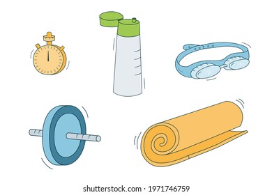 Set of items for sports equipment.Swimming goggles and stopwatch, yoga mat and press roller.Reusable customized water bottle.Isolated colored objects with a contour.Doodle on a white.