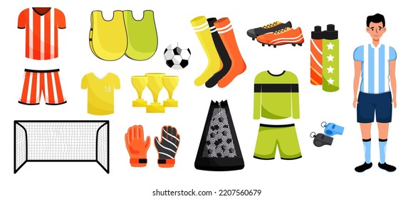 Un conjunto de artículos para los juegos deportivos. Actividad futbolística. Elementos y atributos para jugadores y custodios. Ilustración de material vectorial. Estilo plano. Carácter