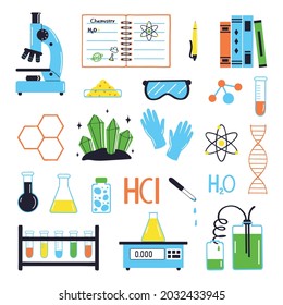 Set of items for the study of chemistry isolated on a white background. School concept. Vector illustration in flat style.