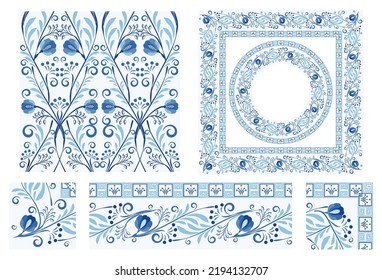 Set of items in style classic cobalt porcelain painting Seamless pattern Border brush with corner items Round square frame Blue floral ornament Oriental motif rustic ceramic Vector illustration