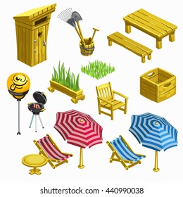 The set of items for a summer vacation at the cottage or a country house. Vector illustration.