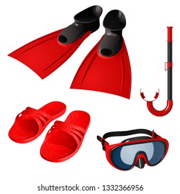 A set of items for swimming, red. Mask, breathing tube, flippers and rubber slippers isolated on a white background.
