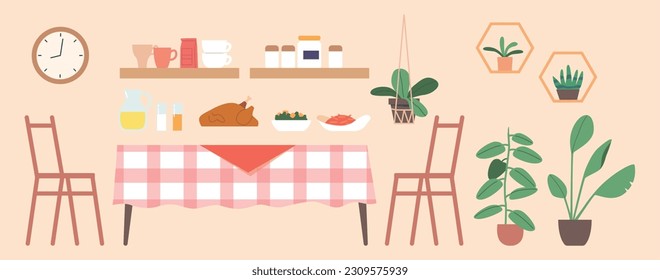 Set Of Items Table, Chairs, Roasted Turkey And Festive Meals. Potted Plants, Shelf With Spices And Cups Or Crockery