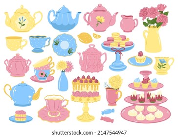 A set of items for tea drinking isolated on a white background. Vector graphics.